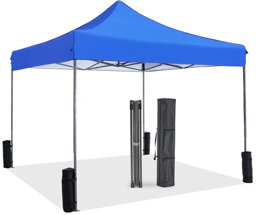 KMFurnila 10x10 FT Pop Up Canopy, Easy Up Canopy Tents for Camping Parties Events, Patio, Beach, Backyard Portable Outdoor Shelter Heavy Duty Instant Sun Shade with Sand Bags, Blue