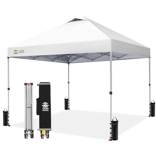 CROWN SHADES 10x10 Pop Up Canopy, Patented CenterLok One Push Tent Canopy, Newly Designed STO-N-GO Storage Bag, 8 Stakes, 4 Ropes (10x10, White)