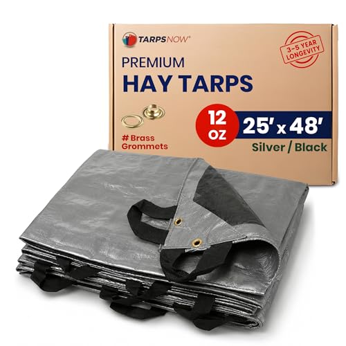 Tarps Now | Heavy Duty Waterproof Hay Tarp 25' x 48' ft | Multipurpose 12 Mil Poly Tarpaulin Sheet Cover | #2 Brass Spur Grommets | Agricultural, Camping Tents & Weather Protection | Silver & Black