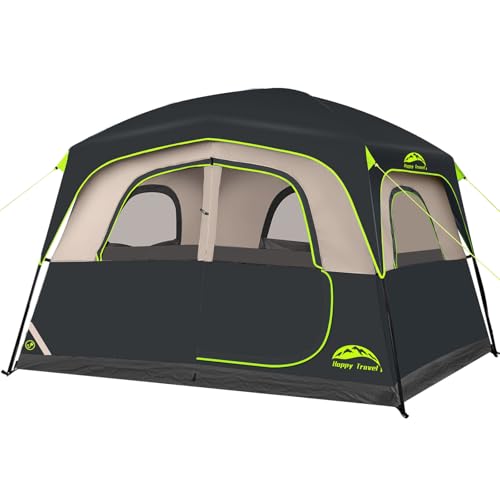 Happy Travel Tent 6 Person Tents for Camping, Waterproof Easy Setup Camping Tent with Rainfly, Portable Large Family Cabin Tent with 5 Large Mesh Windows and Carry Bag for Outdoor Camping & Hiking