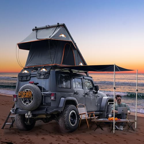Adventurer Pro Rooftop Tent Hard Shell with Side Awning&LED Light Strip, 2-3 Person Roof Top Tent for 4 Season Camping, Aluminum Pop Up Roof Tent for Truck Jeep SUV Van Trailer