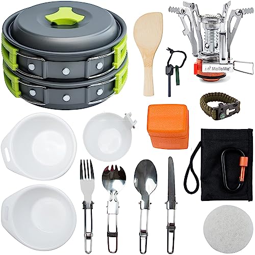 MalloMe Camping Cookware 18pc Mess Kit w/Backpacking Stove – Camping Cooking Set for Backpacking Gear - Camping Pots and Pans Set w/Camping Pot Pan Stove Utensils Camp Kitchen Equi