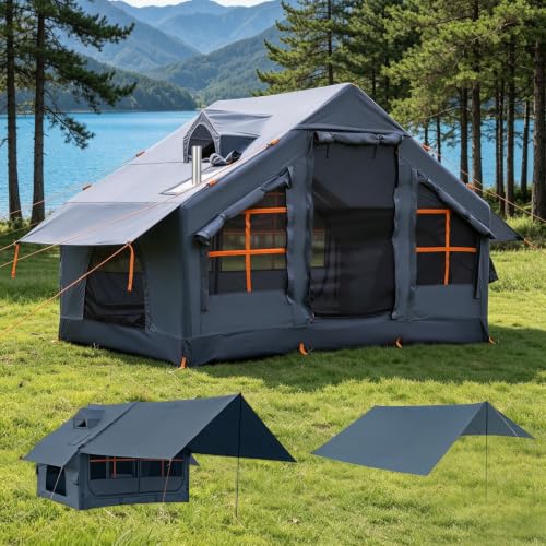 SANHOVO Inflatable Tents for Camping - Easy Blow Up Glamping Tent with Hand Pump, Hot Tent with Stove Jack Waterproof PVC Air Inflatable Tent House for Family Weekend Camping 4-6 Person 4 Season