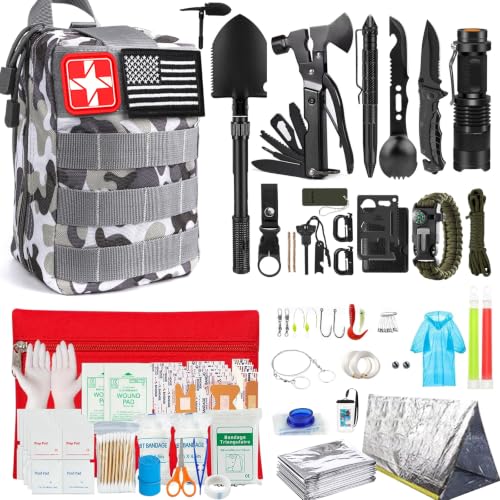 Survival Kit, 251 Pcs Survival Gear First Aid Kit with Molle System Compatible Bag and Emergency Tent, Emergency Kit for Earthquake, Outdoor Adventure, Hiking, Hunting, Gifts for Men Women