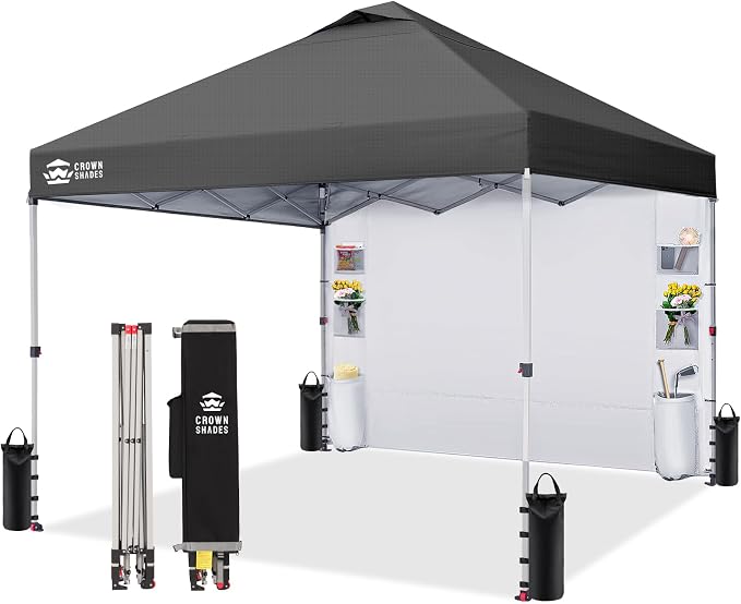 CROWN SHADES Canopy Tent 10x10 Pop Up Canopy Outdoor Shade with Pockets Sidewall, Easy Up Sun Shelter with One Person Set Up Center Lock, Portable Instant Camping Beach Canopies Te