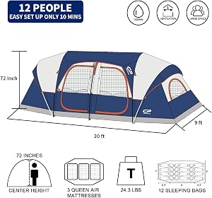 CAMPROS CP 12-Person Camping Tent, 3-Room Family Tent, Waterproof Windproof with Top Rainfly