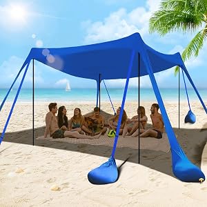 besuhot Beach Tent Sun Shelter 10x10FT Beach Shade Canopy with 8 Sandbags, UPF 50+ Protect