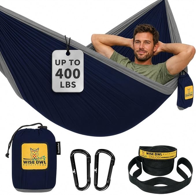 Wise Owl Outfitters Camping Hammock – 500lbs Portable Hammock with Tree Straps - Travel, Backpacking, Hiking, Outdoors Camping Gear - Single or Double